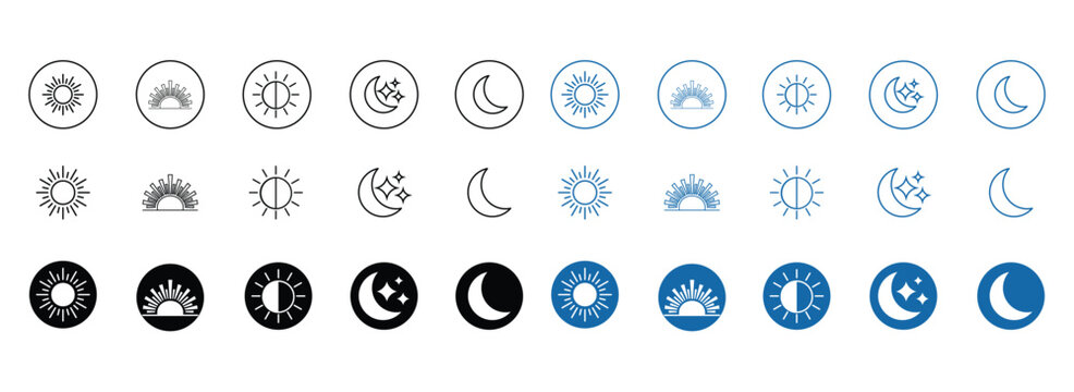 Blue and grey sun and moon icons set. Day and night mode symbols for web design and mobile app vector.