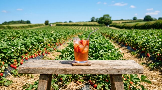 Refreshing strawberry drink on a rustic wooden bench amidst a ripe berry field