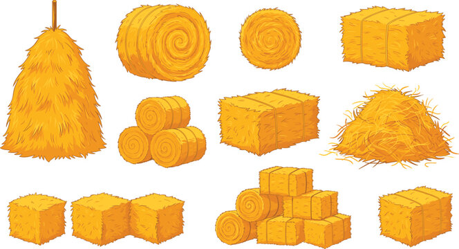 Vector illustration set of haystacks, round hay bales, and straw blocks for agriculture and farming designs