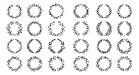 Vintage laurel wreath collection, 24 hand drawn botanical circular frames, black ink floral border set for wedding invitations and award certificates © Farah-Studio