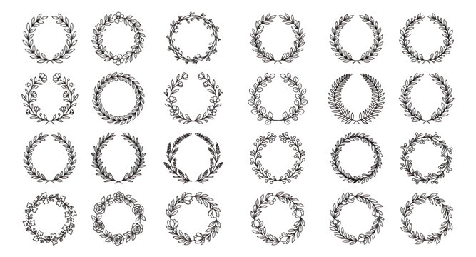 Vintage laurel wreath collection, 24 hand drawn botanical circular frames, black ink floral border set for wedding invitations and award certificates