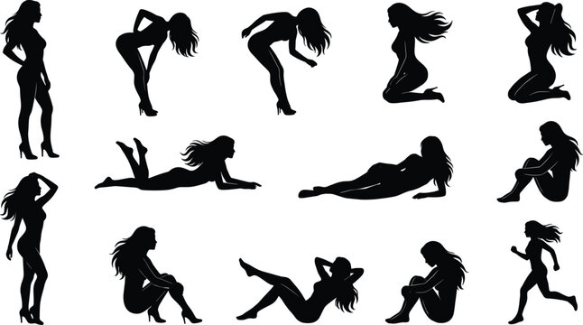 Vector silhouette set of slim beautiful women in various active lounging and modeling poses