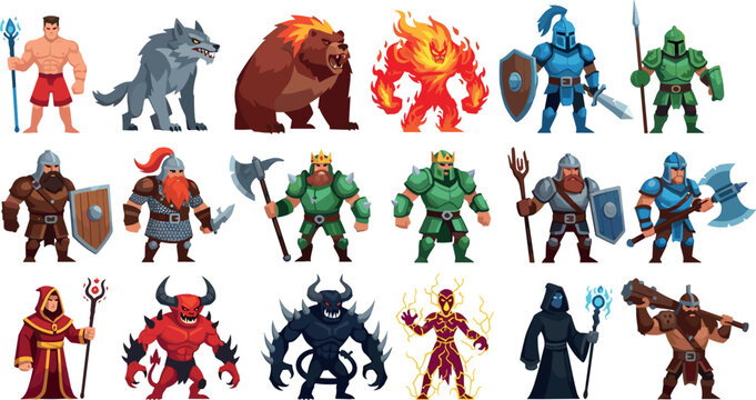 Large collection of fantasy RPG game characters including armored knights warriors mages fire elementals demons orcs and monsters for mobile game design and assets.