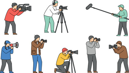 Professional film crew and photographers set featuring camera operators with tripods sound engineers with boom mics and directors with megaphones for media production vector. © Mst