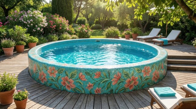 Beautiful mosaic tiled swimming pool surrounded by lush garden and lounge chairs