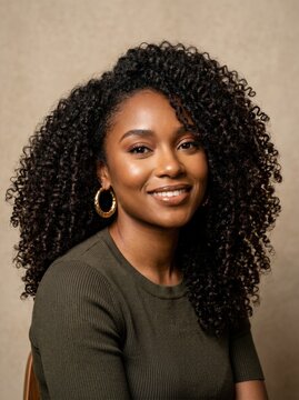 Dark skinned woman with voluminous curly hair wearing a green top and large gold earrings. Ideal for beauty, fashion, or portrait photography projects.