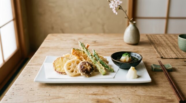 Assortment of Japanese vegetable tempura served with dipping sauce and grated daikon