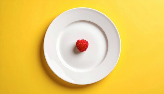 Single raspberry on white plate yellow.