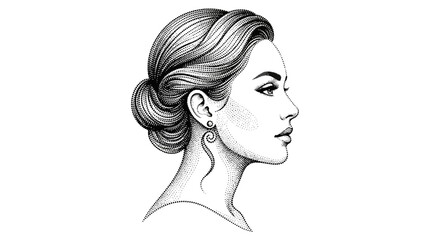 Minimalist stipple art illustration of young woman profile portrait with elegant hair bun and decorative swirl earring design. © Banna Rani