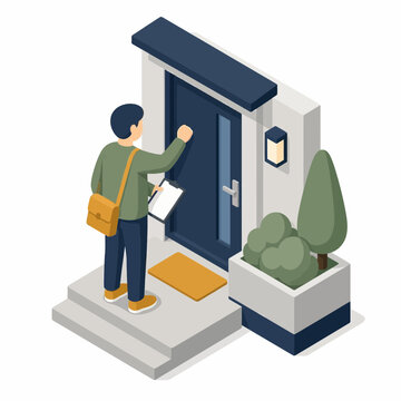 Isometric vector illustration of a delivery man or courier knocking on a dark blue front door of a modern house while holding a clipboard and wearing a messenger bag on steps.