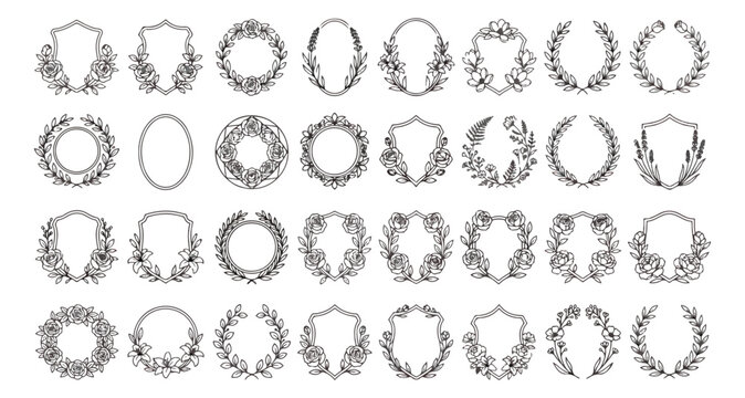 Vintage floral wreaths and laurel frames, set of 32 hand drawn botanical crests and borders, elegant black line art vector illustrations for wedding invitations