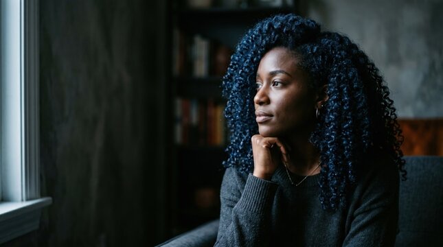 Dark skinned woman with curly hair rests her head on her hand, gazing thoughtfully out a window in a dimly lit room. Ideal for contemplation, mood, or emotional storytelling projects.