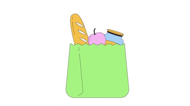 Grocery shopping bag full with bread, fruit and jar products 2D cartoon object animation. Daily supermarket purchase. Loaf with apple animated flat colorful item 4K video on transparent background