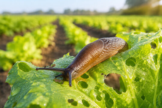 Brown slug eating holes in green lettuce leaf. Agriculture pest destroying vegetable crop in garden field. Concept of organic farming, nature damage, parasite and food production.