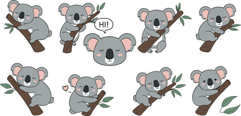 Set of cute cartoon koala characters sleeping and climbing on eucalyptus branches with leaves and a friendly hi greeting speech bubble for children's design. © Mst