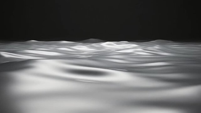 Abstract monochrome wavy landscape with reflective silver texture flowing under a dark minimalist night sky