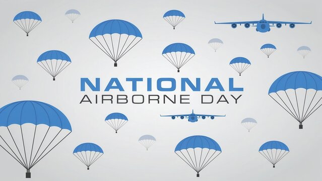 National Airborne Day graphic with blue parachutes and military transport aircraft silhouettes