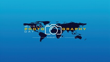 World Photography Day banner with camera icon and world map on blue background