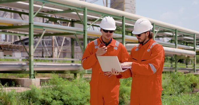 Male technician uses walkietalkie while male engineer analyzes laptop near refinery pipeline, coordinating safety audit, maintenance turnaround, hazard report, petrochemical inspection task.