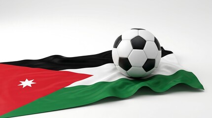 Fototapeta premium Leather soccer ball resting on a waving Jordanian national flag against a white studio background