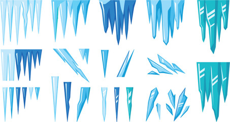 Blue icicle and sharp ice crystal vector set with hanging frozen stalactites frost shards and winter snow landscape design elements © Dulal creation 