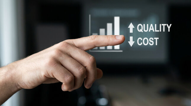 Quality vs Cost Analysis: A finger points towards a digital graph displaying increasing quality and decreasing cost, symbolizing efficient business strategy and optimization.