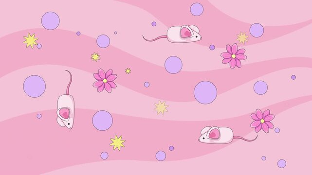 Whimsical cute mice and pink flowers animated background. Adorable rodents. Girly aesthetic. Sparkling stars and floating circles against dreamy wavy 4K video. Flat 2D cartoon backdrop animation