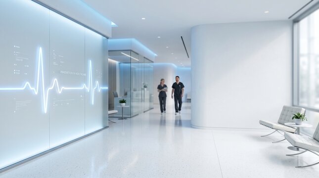Two medical professionals walking down a modern hospital corridor with a heart rate monitor display on the wall