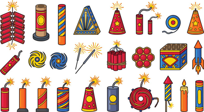 Firecracker and firework vector icon set featuring rockets sparklers fountains and explosive pyrotechnics for festive celebration designs