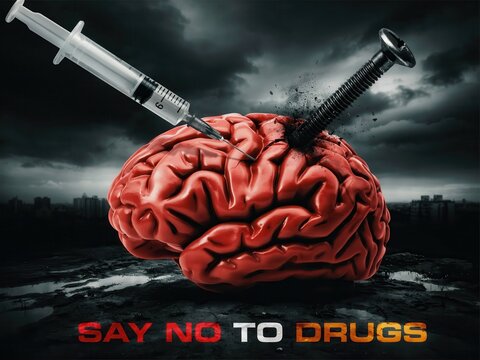 Anti-drug poster with syringe and screw damaging a human brain and text Say No To Drugs