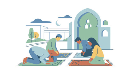 Obraz premium Muslim Family Praying Together Outdoors Near Mosque