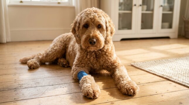 Adorable Golden Doodle Dog Relaxing on a Wooden Floor in a Bright Room, Looking at the Camera.