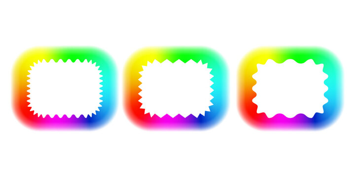 Set of rectangular frames with rounded corners and a rainbow LED panel. Neon glow effect: yellow, green, pink, red, blue, and purple. 3D vector illustration.