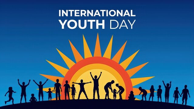 International youth day banner with silhouettes of children and rising sun on blue background