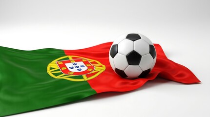 Fototapeta premium Traditional leather football on waving national flag of Portugal over white background studio lighting rendering