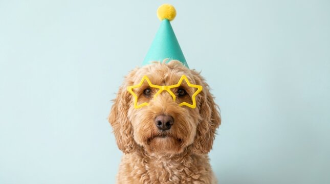 Adorable Golden Doodle Dog Wearing Party Hat and Star-Shaped Glasses.