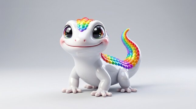 Adorable baby gecko with vibrant rainbow scales and large expressive eyes captured in a clean minimalist high quality digital style