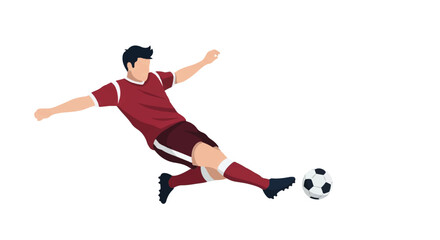 Fototapeta premium A defensive soccer player performing a clean sliding tackle to take the ball away from an opponent. Sharp horizontal movement. Brave and defensive mood. Colors: maroon, white, and silver.
