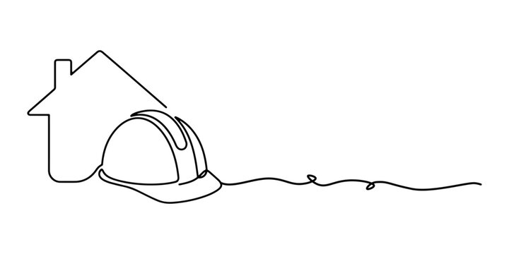 Illustration of construction builder hard hat helmet intersecting with a real estate house line, property development, hand drawn outline vector illustration.