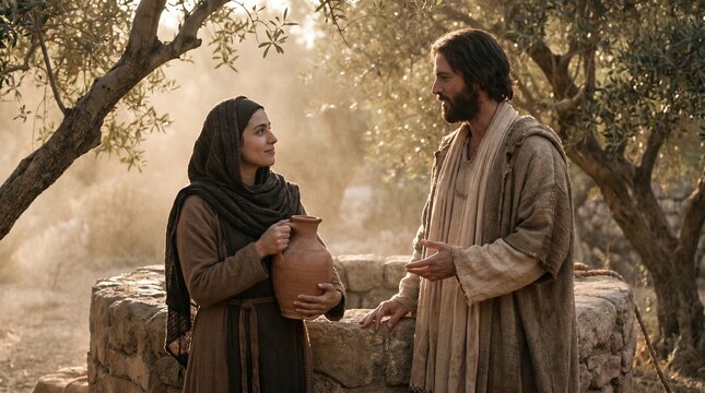 Jesus Christ gestures while speaking to the Samaritan woman holding a clay jug next to a stone well during a biblical scene from the Gospel of John.