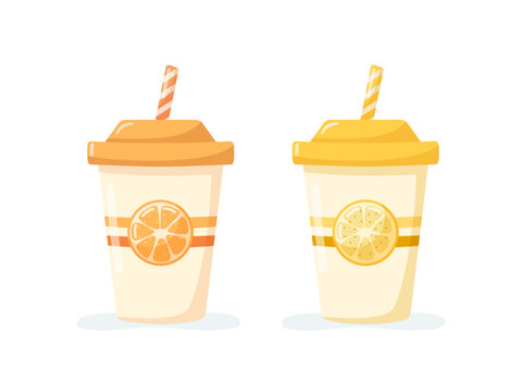 Orange and lemon soda cups with straws fast food vector