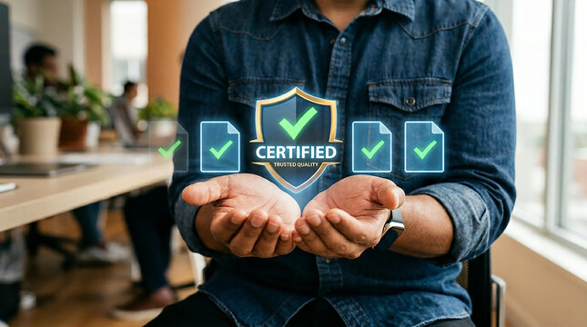 Certified Seal of Approval: A person holds out their hands, showcasing a glowing digital seal with a checkmark and the word CERTIFIED within a shield, surrounded by document icons.
