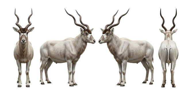 Addax antelope showcases a professional character design with front, profile, and back view angles.