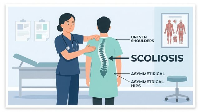 Doctor examining patient with scoliosis spine condition illustration