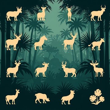 Tropical jungle scene with grazing deer and palm trees.
