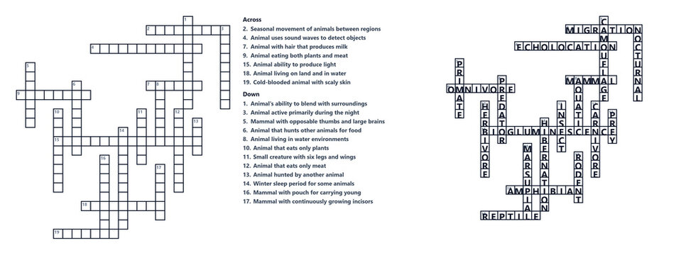 Crossword puzzle with clues and answers in black and white layout  