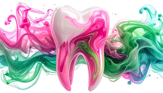 Colorful Abstract Tooth Design with Swirls of Pink and Green Colors