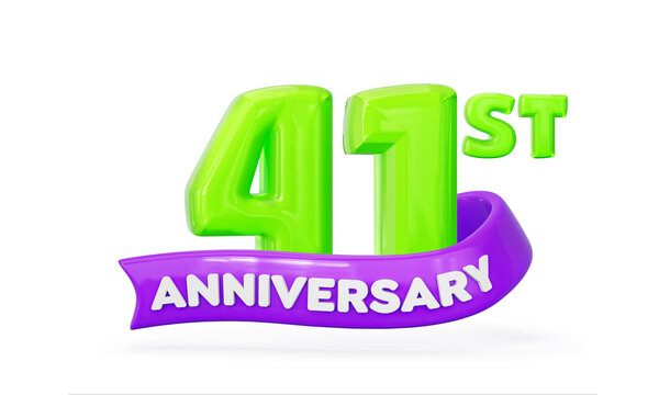 Glossy 3D green 41st anniversary lettering with purple ribbon banner. 3d illustration