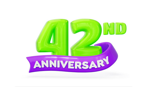 Shiny 3D green number 42nd with a purple anniversary ribbon on white background. 3d illustration