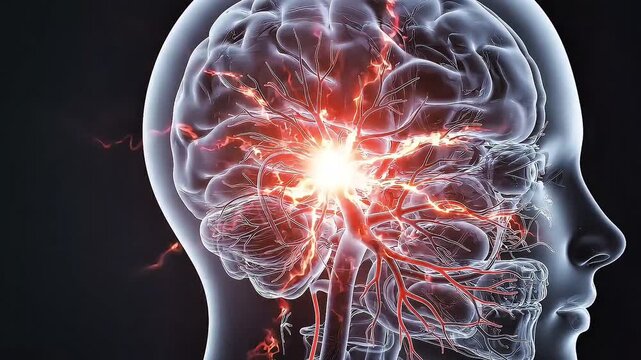 3D medical render of human head showing glowing electrical brain pain